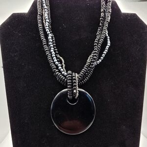 Robert Rose Black Beaded Statement Necklace with Round Pendant